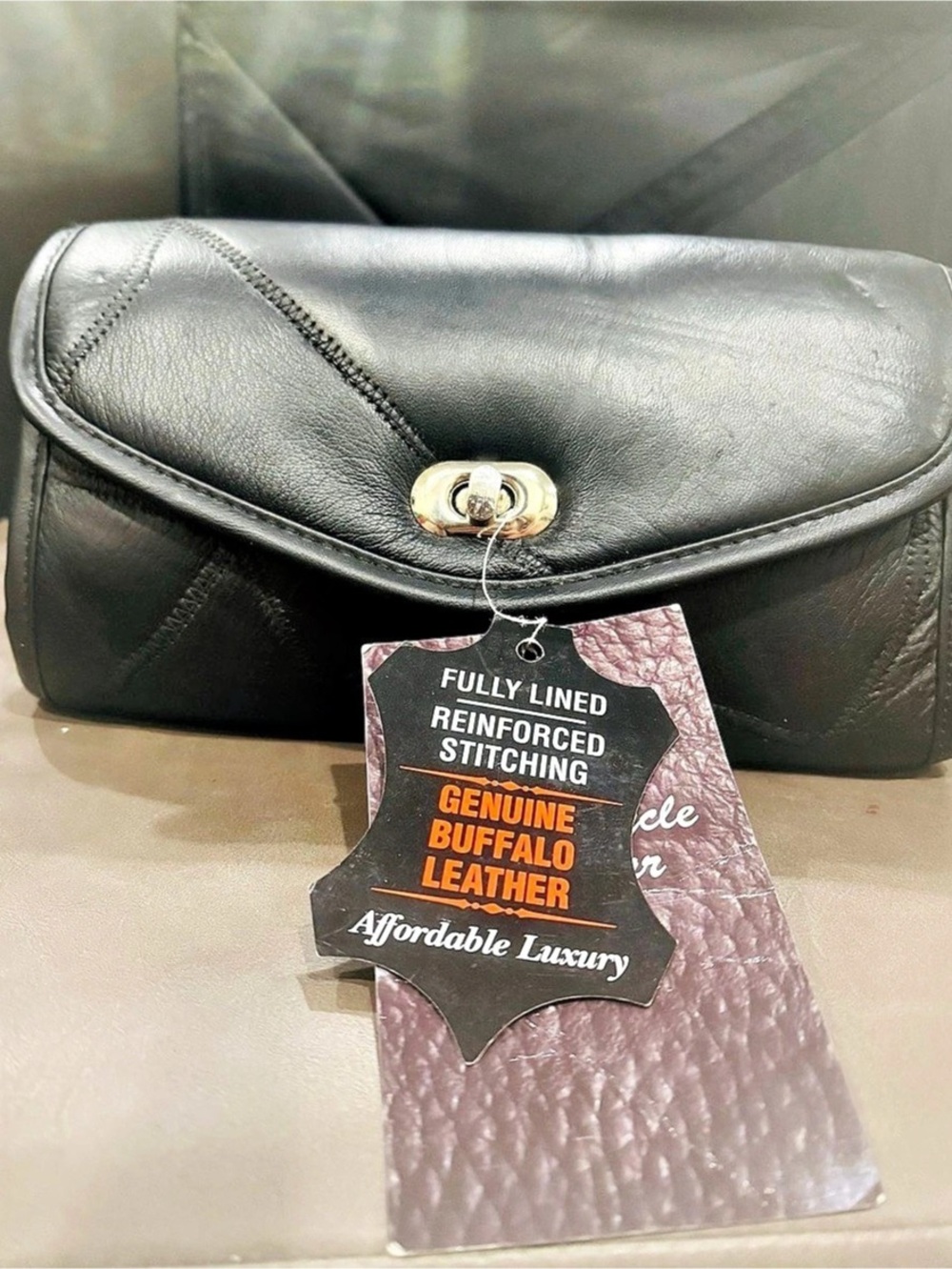 Diamond Plate Buffalo Leather - Black Leather Clutch & motorcycle bag